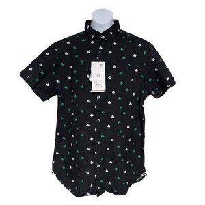 Denim & Flower Black Shirt Mens Small Green White Shamrock Print St Patricks Day